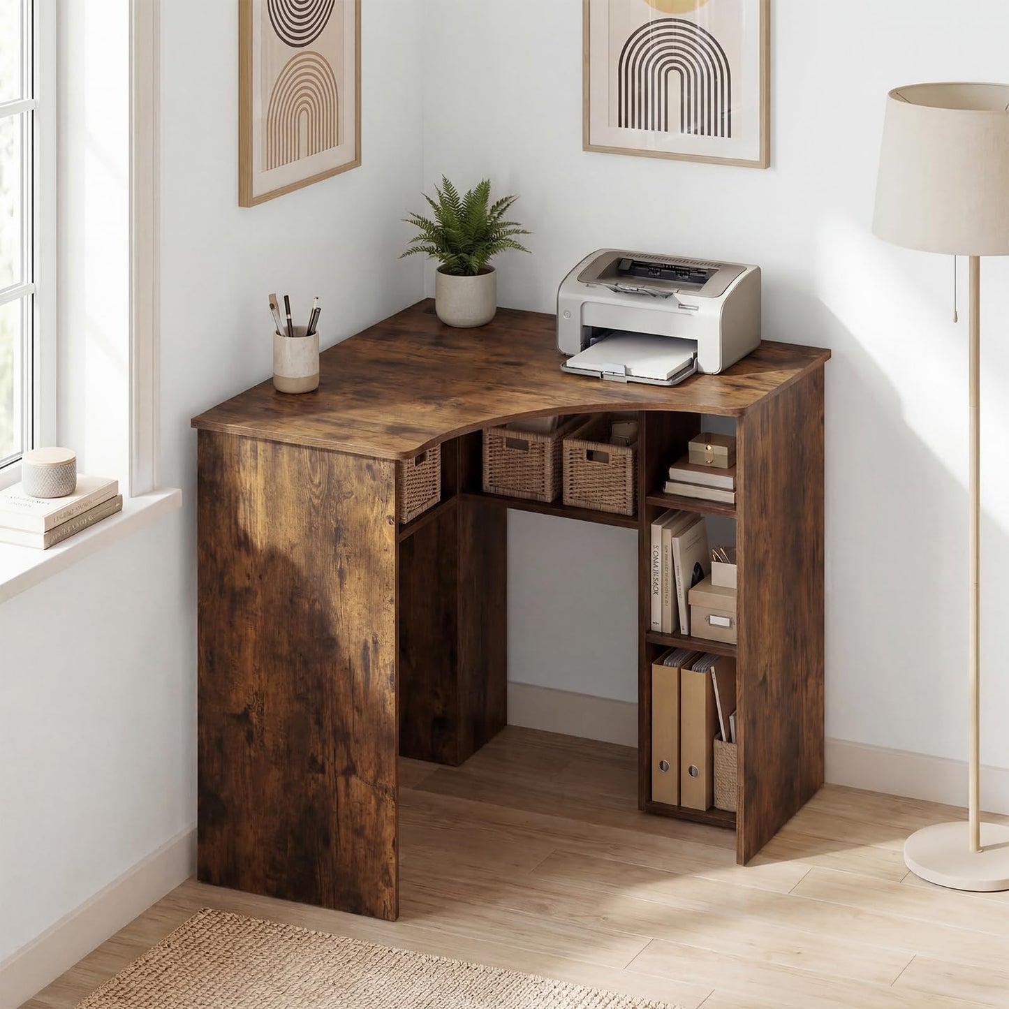 Tangkula 90-Degree Triangle Computer Desk with Ergonomic Curved Edge & Open Storage Shelves