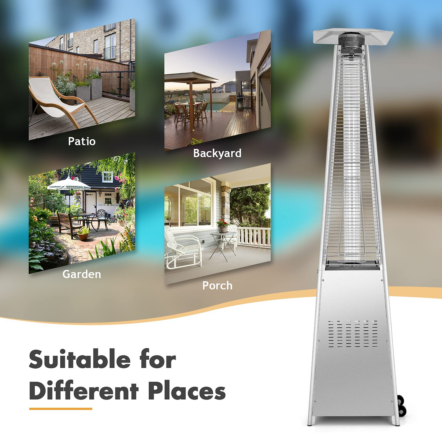 Tangkula 90-inch Outdoor Patio Heater, 42000 BTU Portable Pyramid Propane Heater with Wheels, Quartz Glass Tube