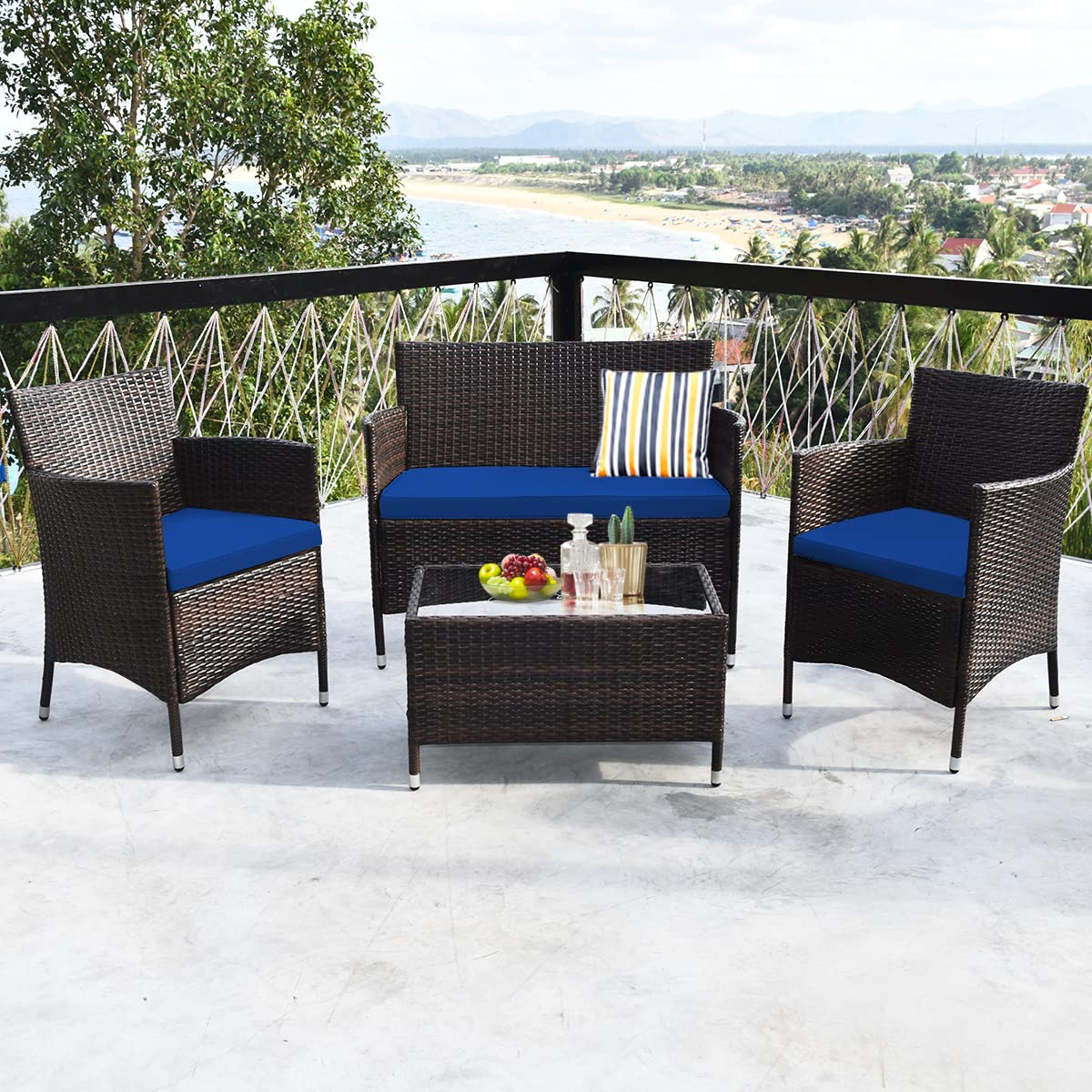 Tangkula 4-PCS or 8-PCS Patio Rattan Conversation Set, Outdoor Wicker Furniture Set with Tempered Glass Coffee Table &Thick Cushion