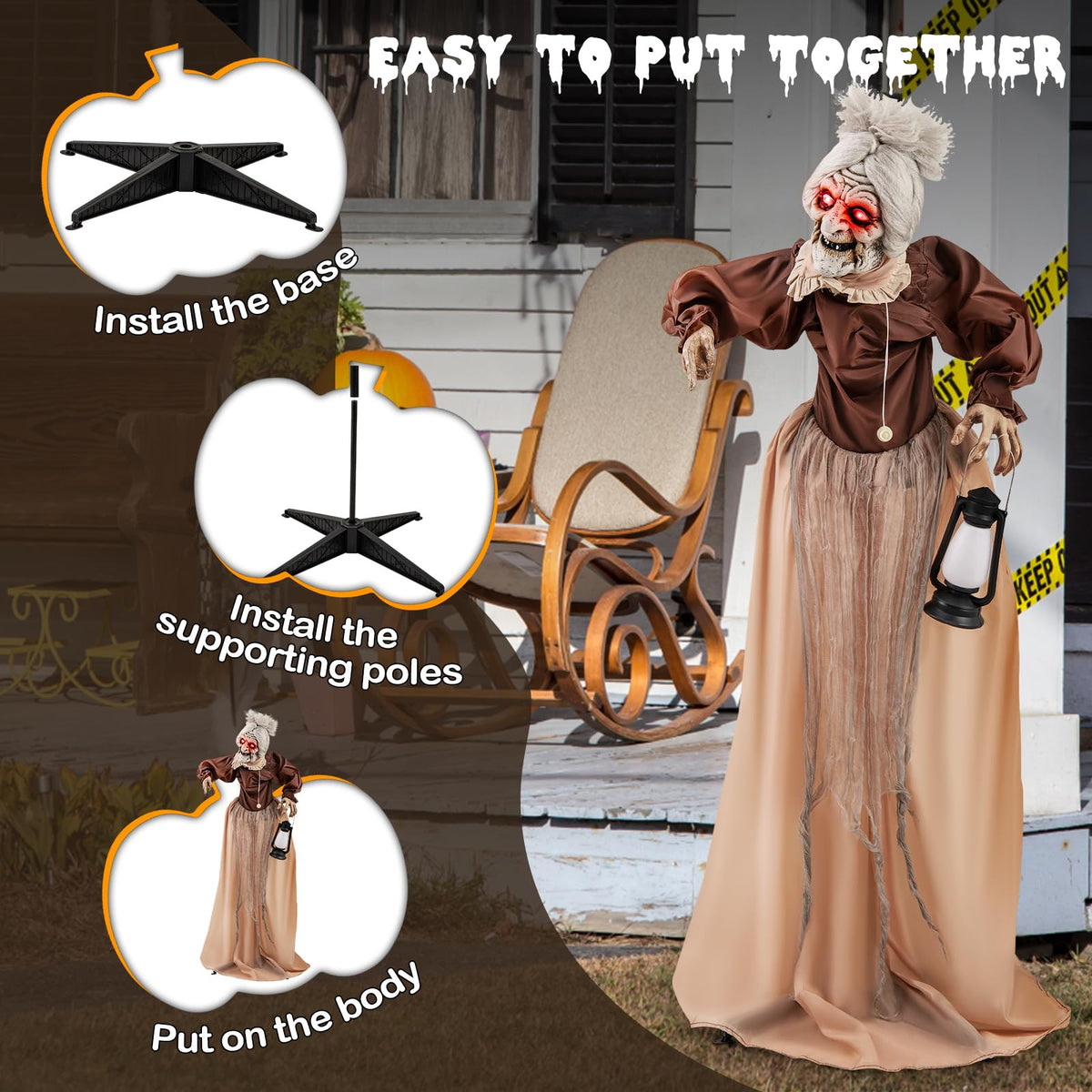 Tangkula Vieille Dame Animée d'Halloween de 1,5 m Tenant une Lanterne, Zombie Animatronique avec Yeux Rouges Lumineux à LED