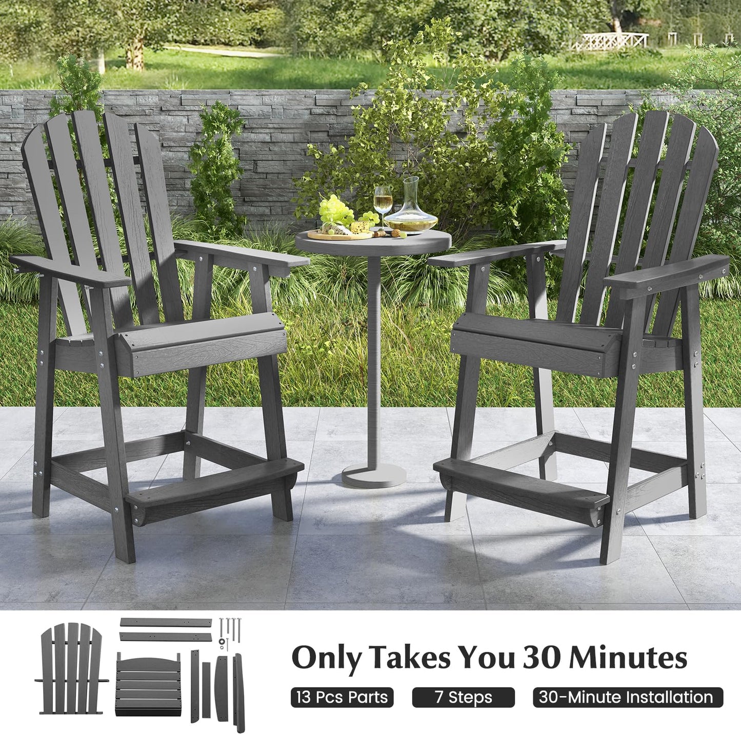 Tangkula Outdoor Bar Stool, HDPE Tall Adirondack Chair with Armrest & Footrest
