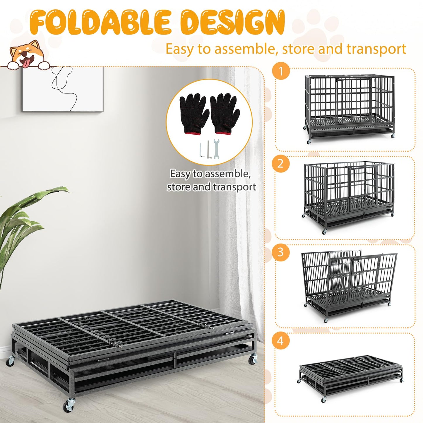 Tangkula Heavy-Duty Metal Dog Crate, Foldable Dog Kennel Crate with Lockable Wheels & Doors for Medium & Large Dogs