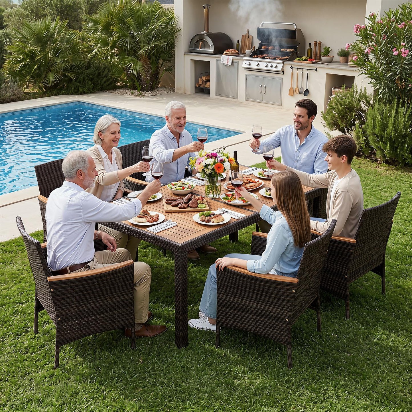 Tangkula Patio Furniture Set with Acacia Wood Table and 6 Stackable Chairs