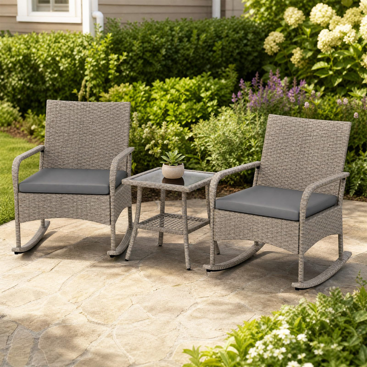 Tangkula 3-Piece Outdoor Wicker Rocking Bistro Set with 2-Tier Coffee Table