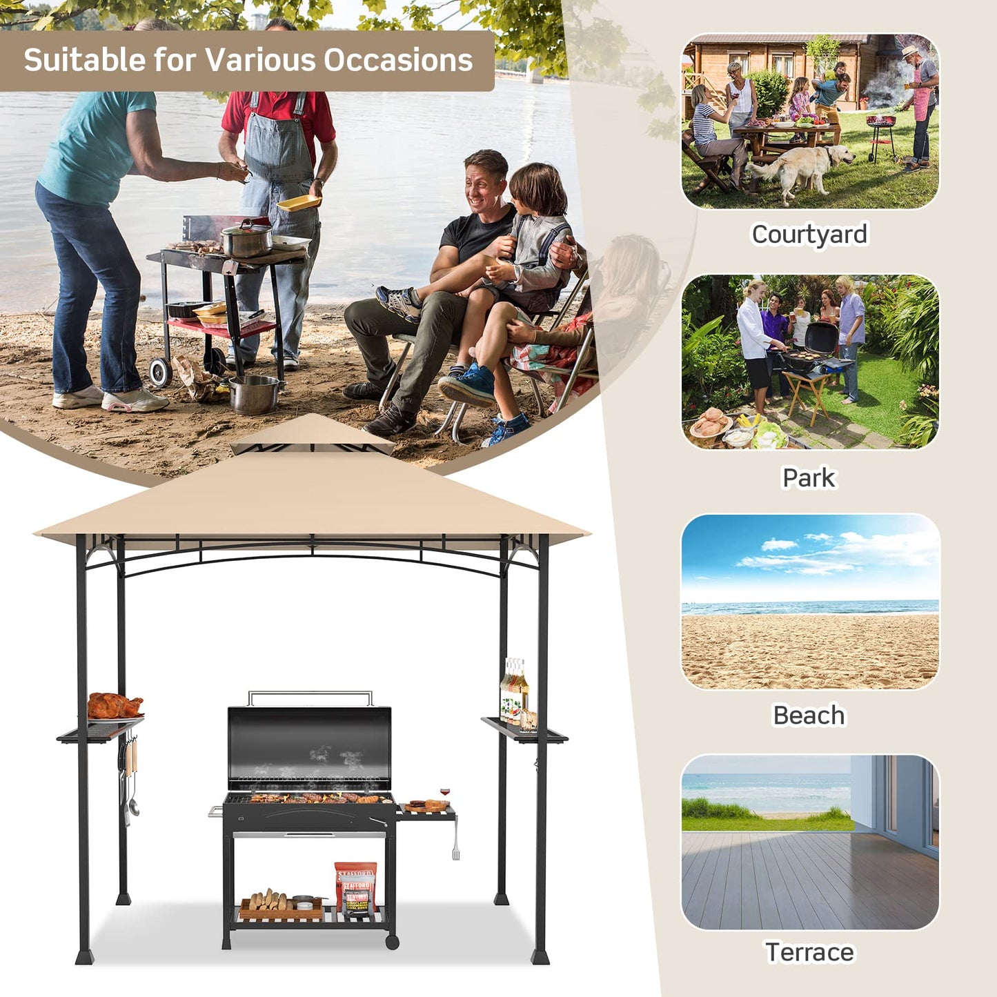 Tangkula 8x5 Ft Grill Gazebo, Double Tiered Outdoor BBQ Gazebo with 2 Side Shelves, 5 Hooks