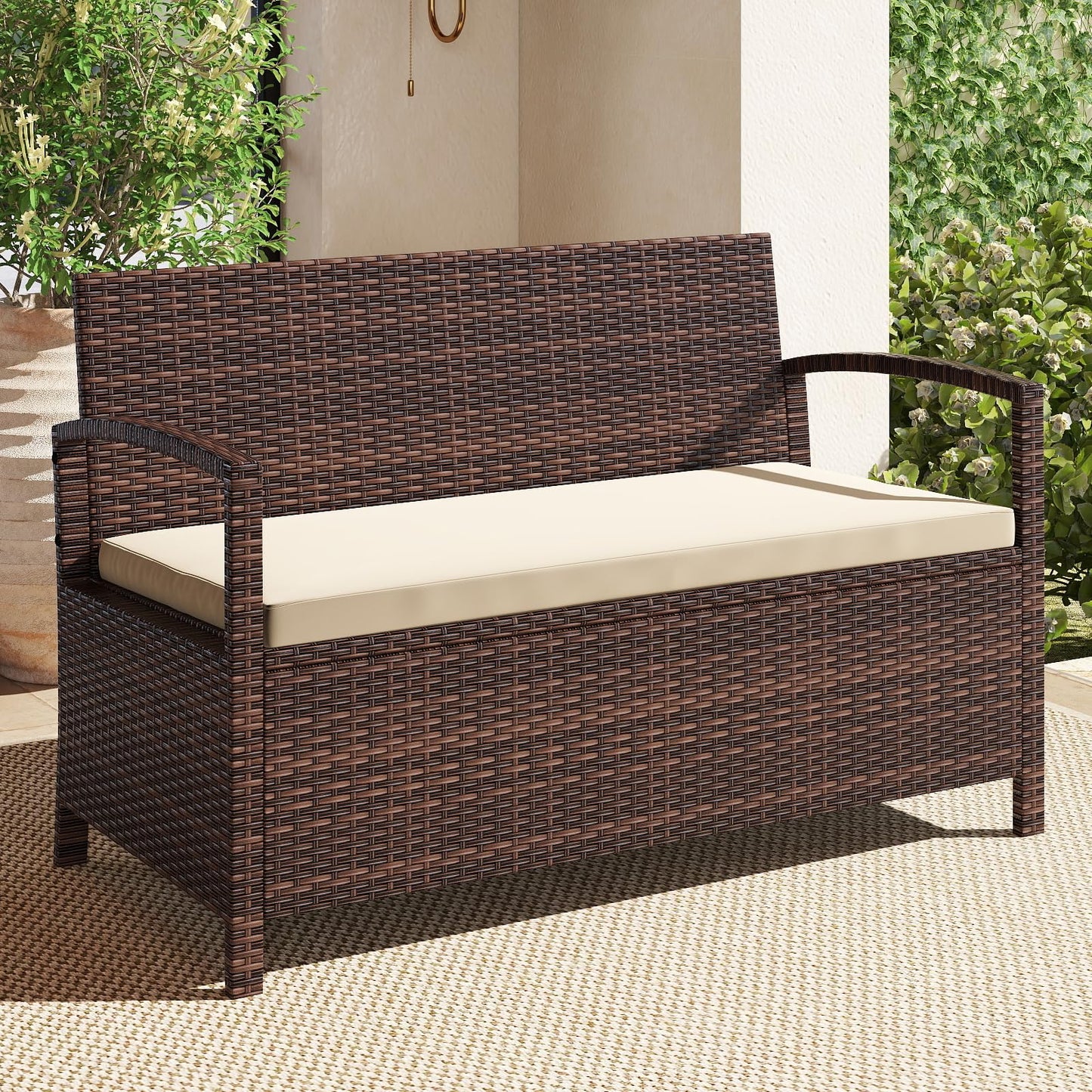Tangkula 42 Gallon Outdoor PE Rattan Bench with Storage & Cushion