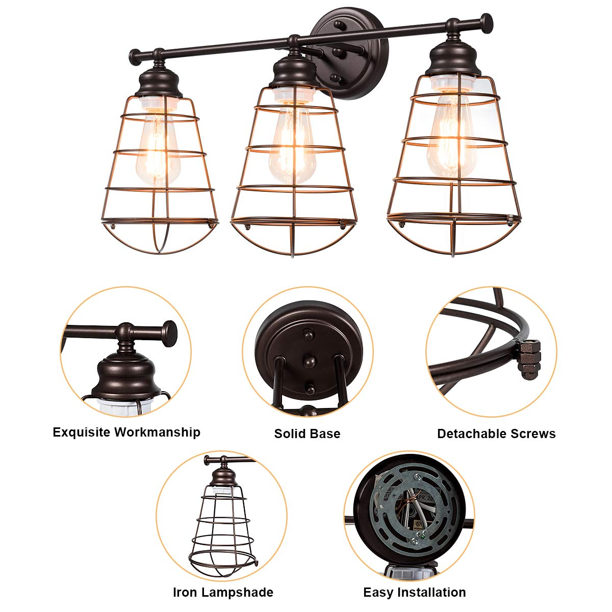 Tangkula 3-Light Vintage Vanity Lights, Industrial Metal Wire Cage Wall Sconces(Black & Golden)