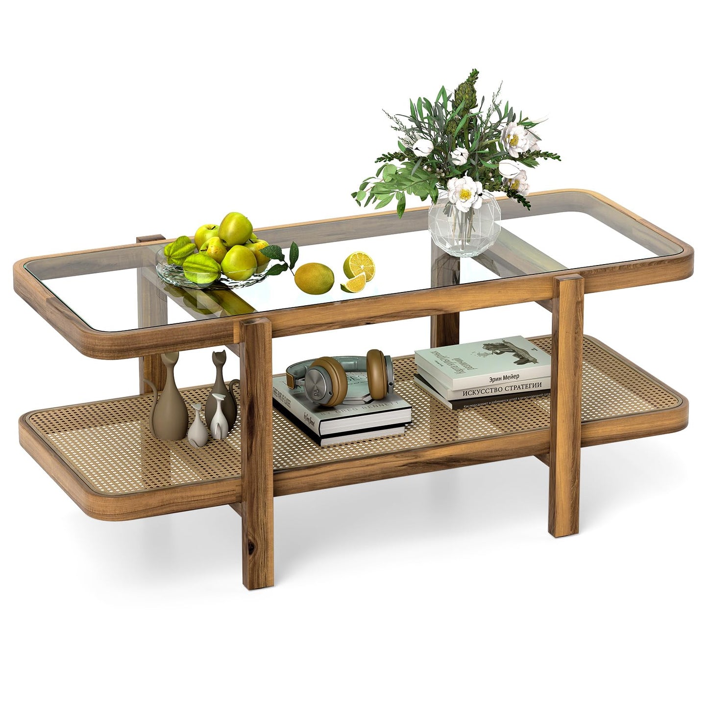 Tangkula Rattan Coffee Table 47.5”L Boho Cocktail Tables