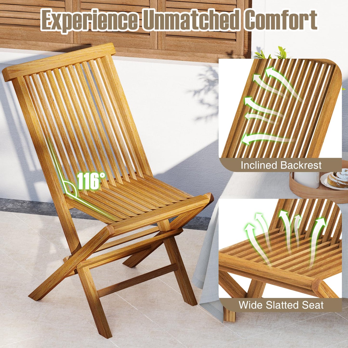 Ensemble bistro de terrasse pliable Tangkula 3 pièces, table ronde à lattes et chaises à dossier haut en bois de teck