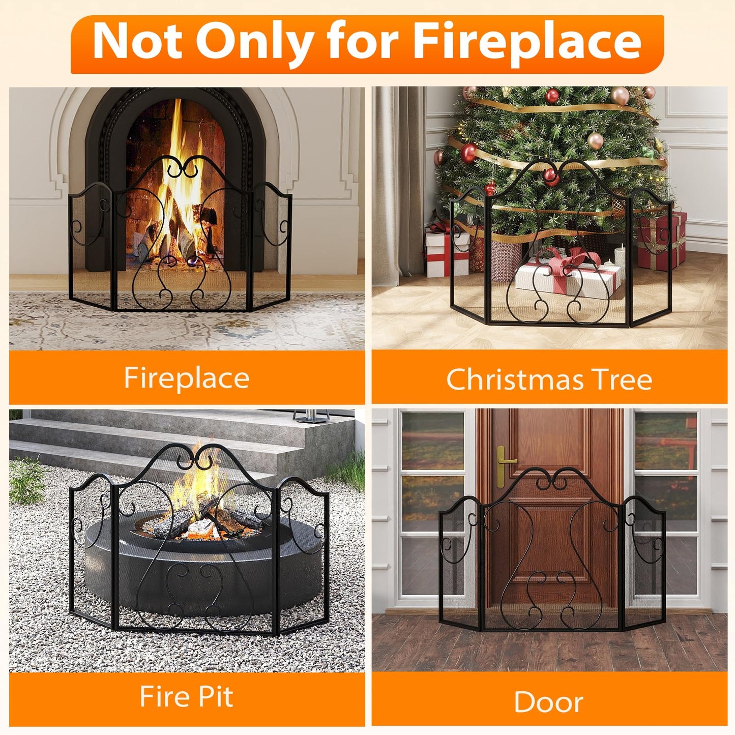 Tangkula 3 Panel Freestanding Foldable Fireplace Screen with Decorative Scroll