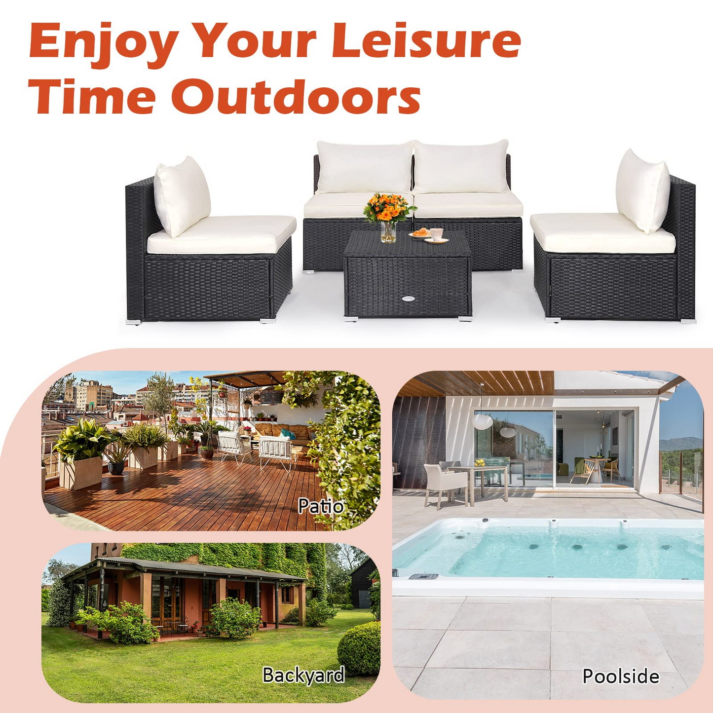Tangkula 5-Piece Outdoor Patio Furniture Set, Patiojoy PE Wicker Conversation Set with Cushions and Coffee Table