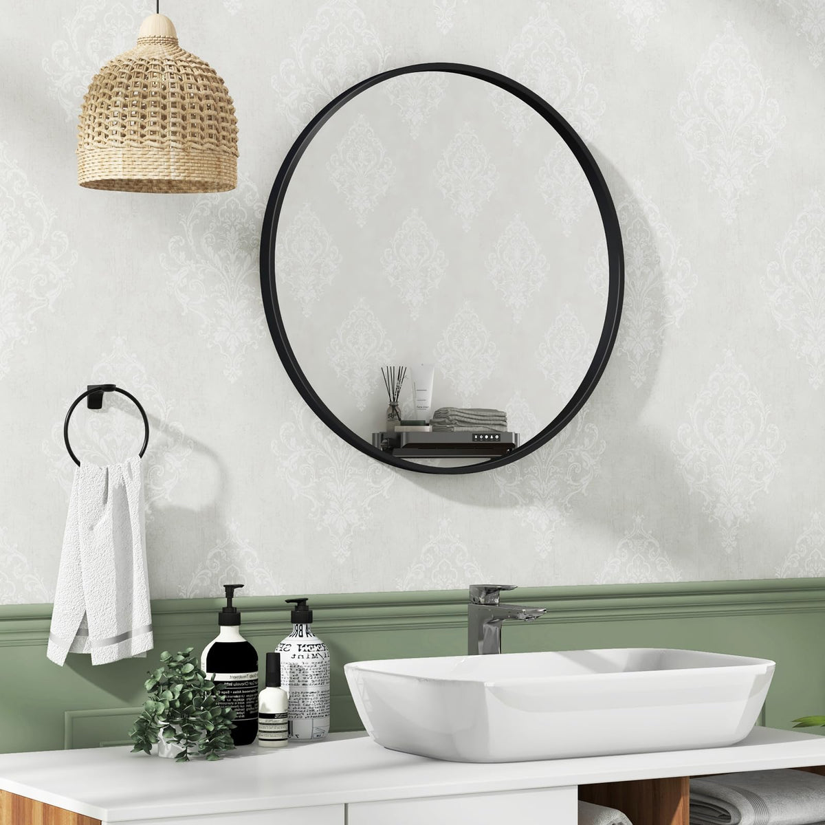 Tangkula Miroir de salle de bain rond noir 24", miroir mural rond avec film anti-explosion, cadre en acier