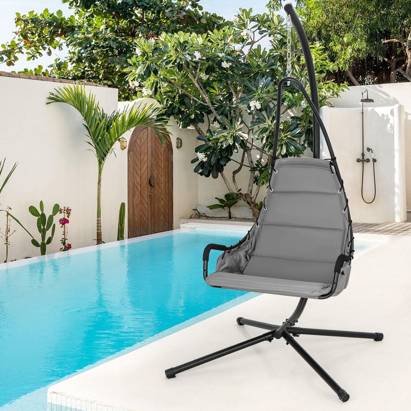 Tangkula Swing Chair with Stand, Hanging Egg Chair with Cushion, Indoor Outdoor Hammock Chair