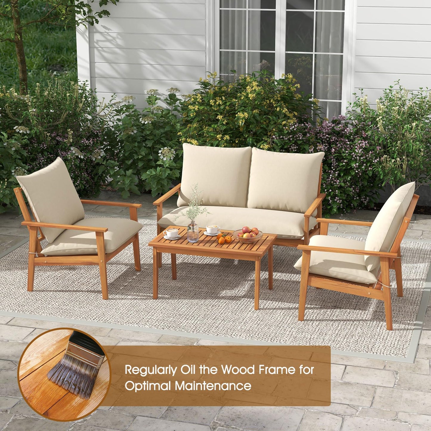 Tangkula 4 Pieces Patio Furniture Set Outdoor Acacia Wood Conversation Set