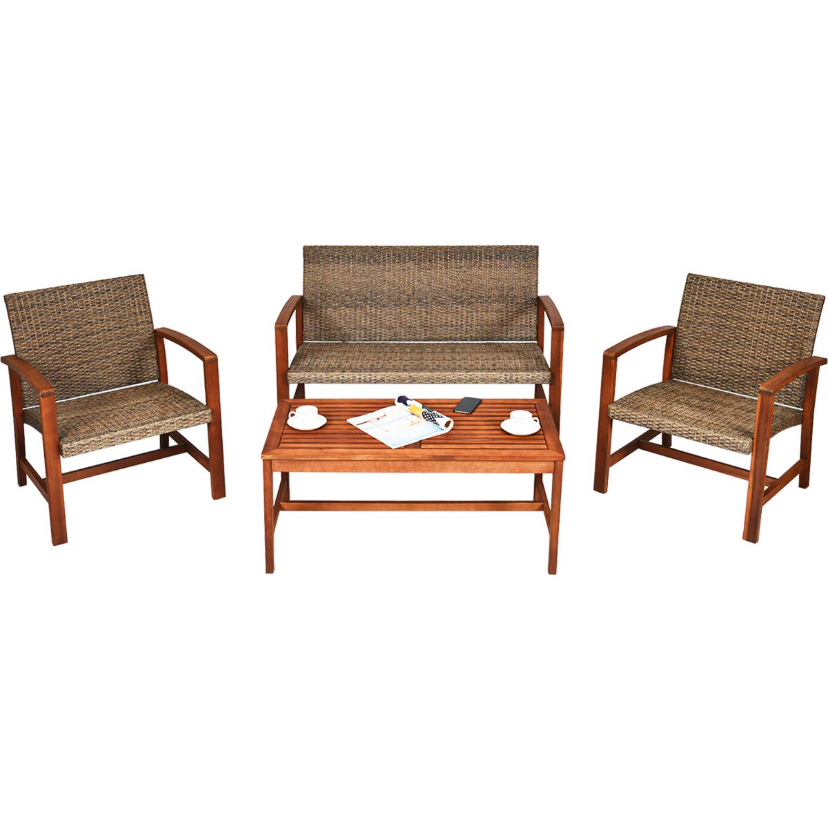 Tangkula 4 PCS Patio Acacia Wood Rattan Conversation Set