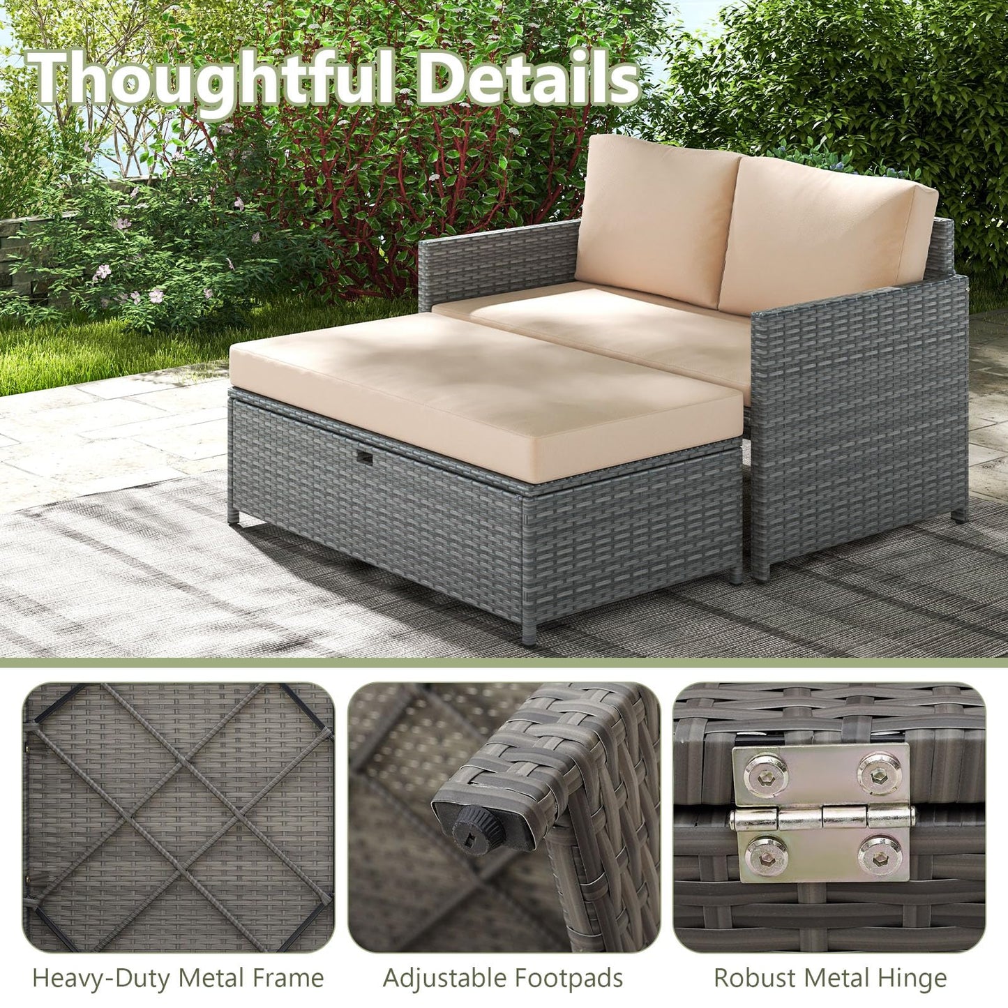 Tangkula Outdoor Rattan Daybed, Wicker Loveseat & 31 Gallon Storage Ottoman w/Soft Cushions