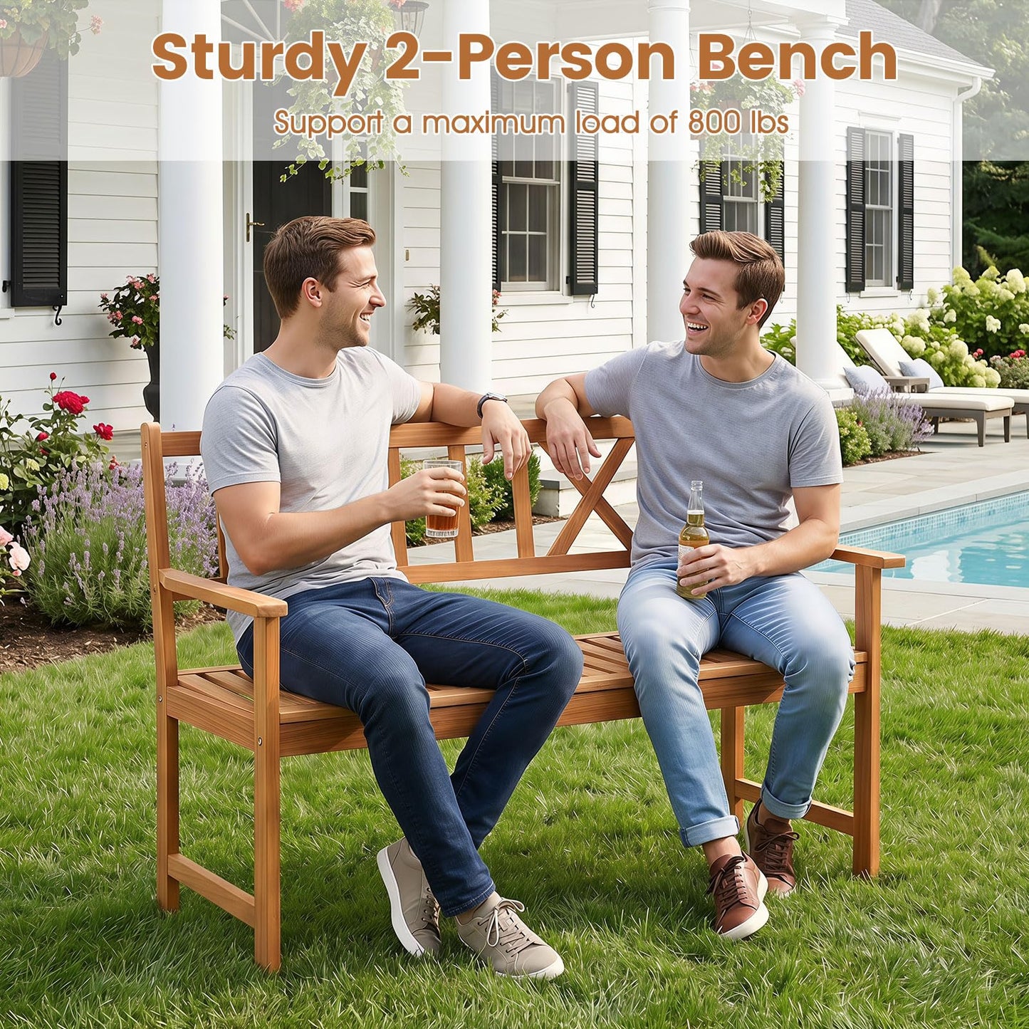 Tangkula 2-Person Acacia Wood Outdoor Garden Bench with Cushion(Without seat cushion)