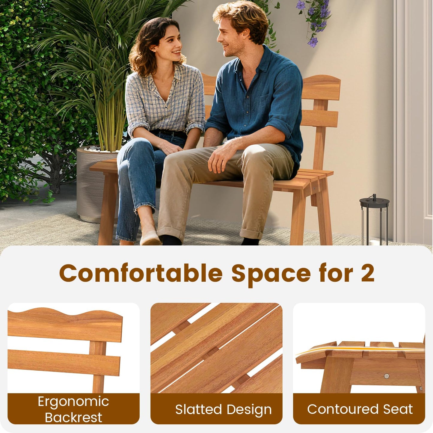 Tangkula Acacia Wood Outdoor Bench with Waved Backrest and Slatted Seat