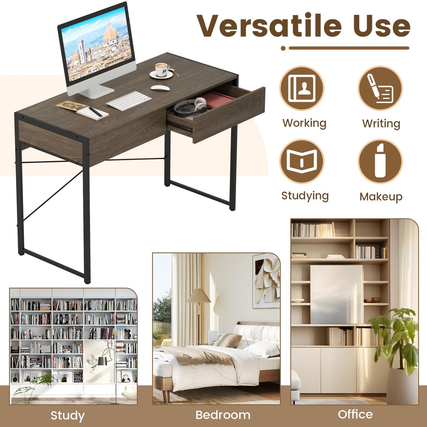 Tangkula Bureau informatique avec 2 tiroirs pour petit espace