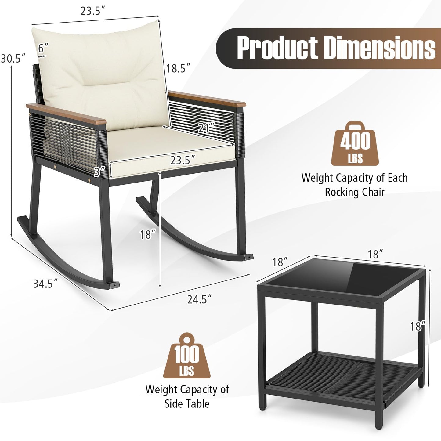 Tangkula 3 Piece Patio Rocking Bistro Set Outside Wicker Rockers
