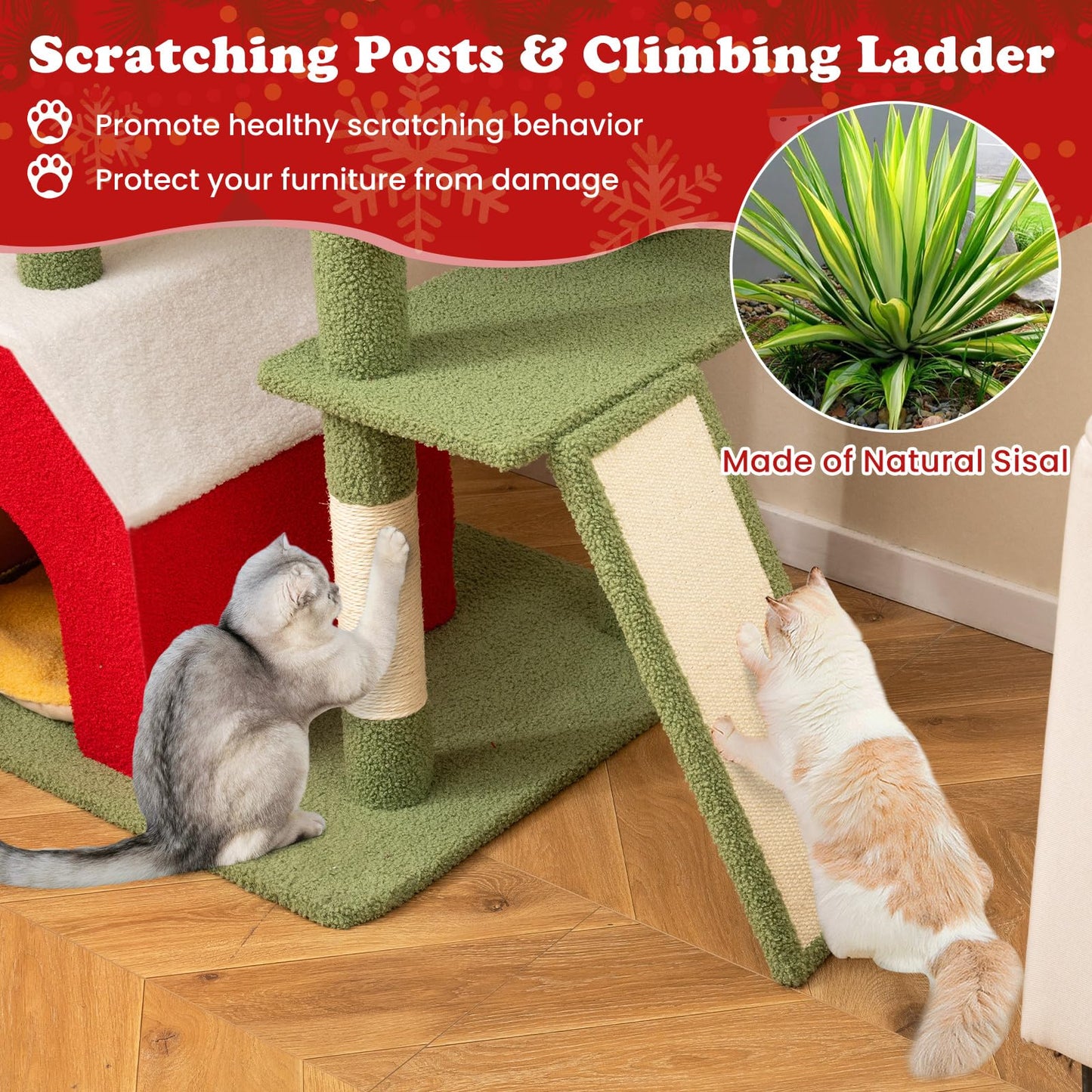 Arbre à chat de Noël Tangkula, Tour à chat de 61" de haut avec poteaux à griffer en sisal et échelle d'escalade