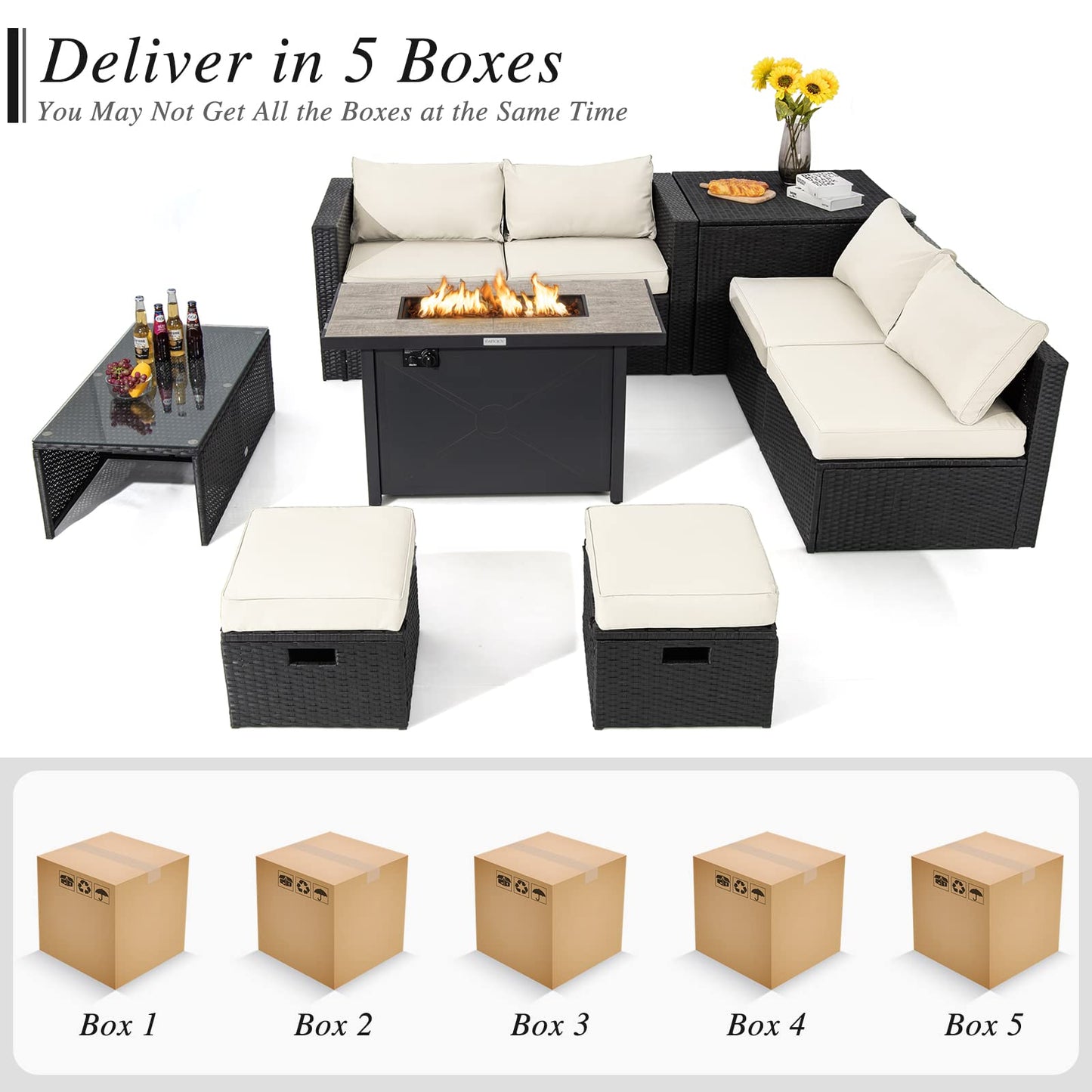 Tangkula 9 Pieces Outdoor Wicker Sectional Sofa with 42" 60,000 BTU Gas Fire Pit Table