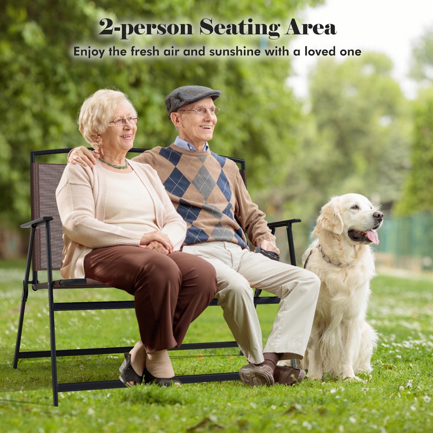 Banc de jardin pliable Tangkula, banc de patio 2 places avec dossier et accoudoirs