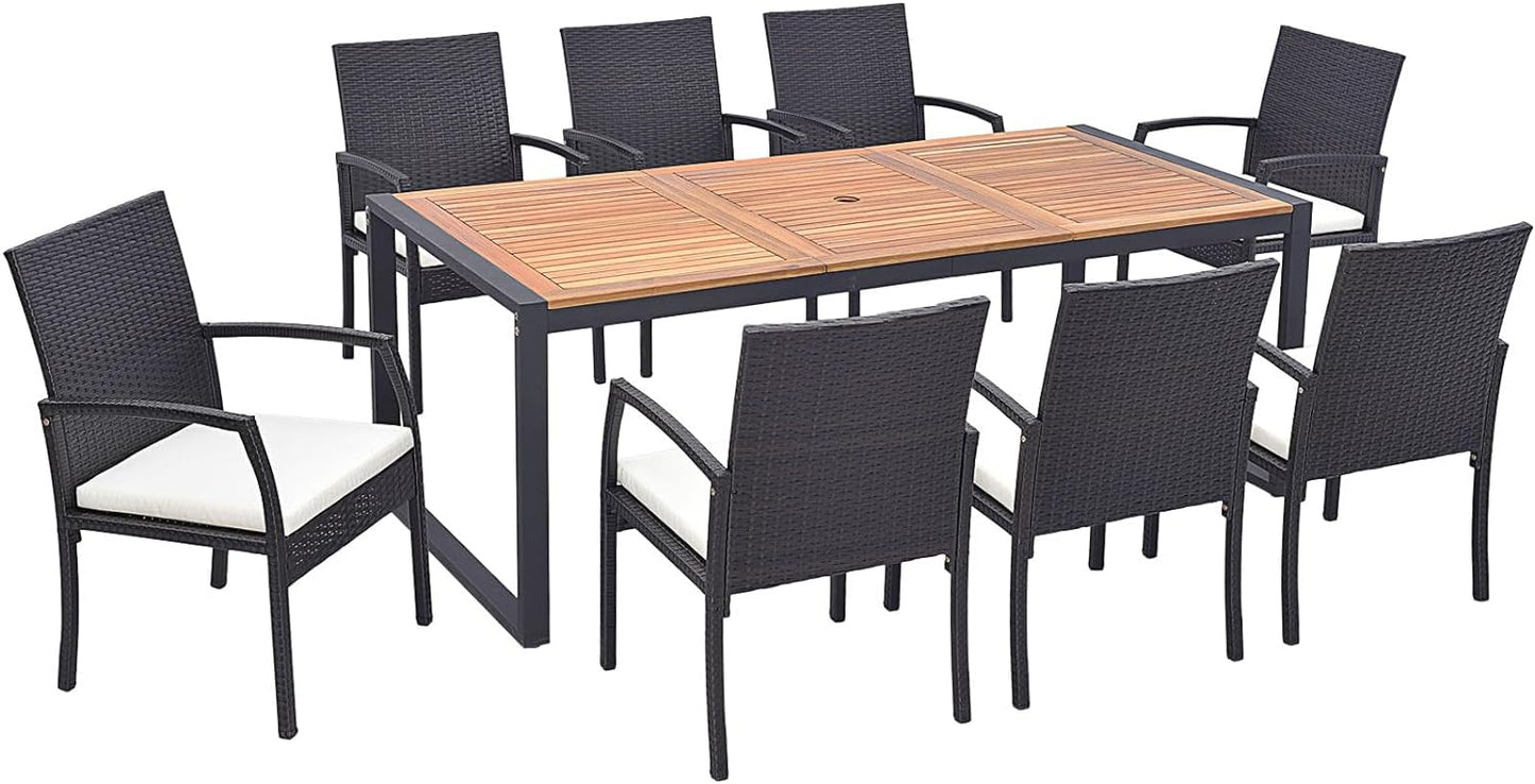 Tangkula Ensemble de 9 meubles de salle à manger en rotin avec table en bois d'acacia, ensemble table et chaises d'extérieur avec coussins