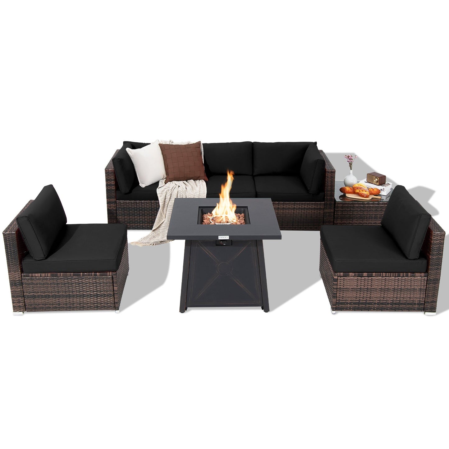 Tangkula 7 Piece Patio Furniture Set w/Fire Pit Table, Patiojoy Outdoor Rattan Conversation Sofa Set