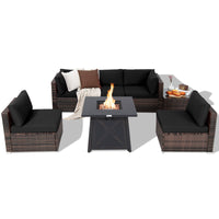 Tangkula 7 Piece Patio Furniture Set w/Fire Pit Table, Patiojoy Outdoor Rattan Conversation Sofa Set