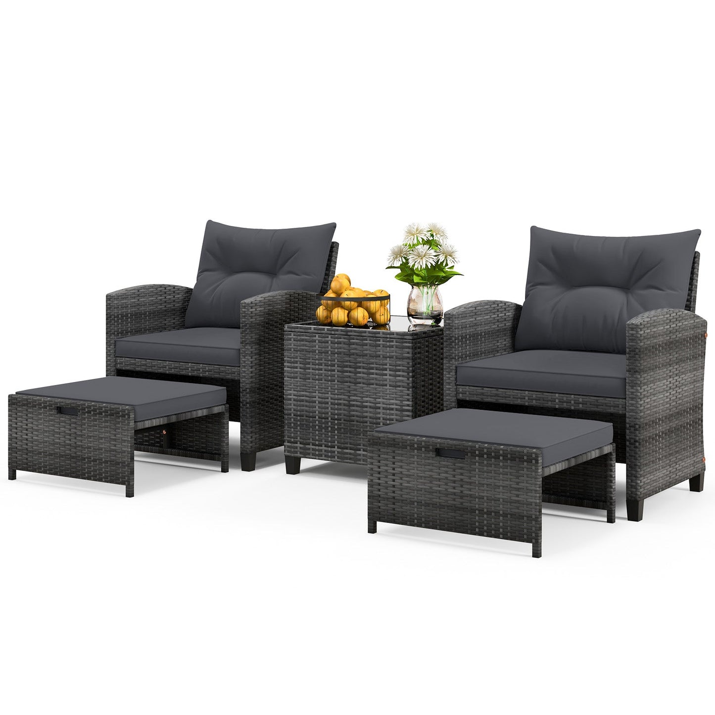 Tangkula 5 Piece Patio Rattan Furniture, Wicker Cushioned Chairs Set w/ 2 Ottomans & Tempered Glass Coffee Table