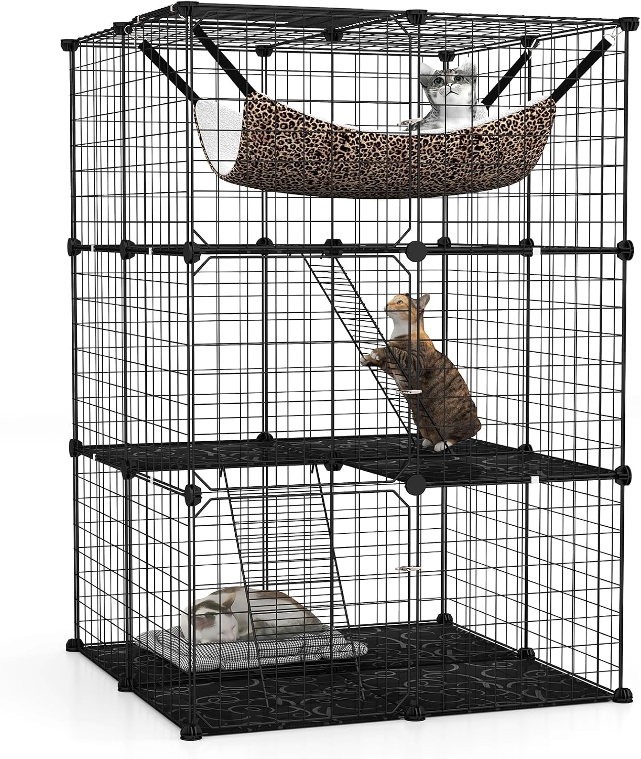 Tangkula Cat Cage Indoor 3-Tier Cat Enclosure with Skylight Hammock 2 Ladders