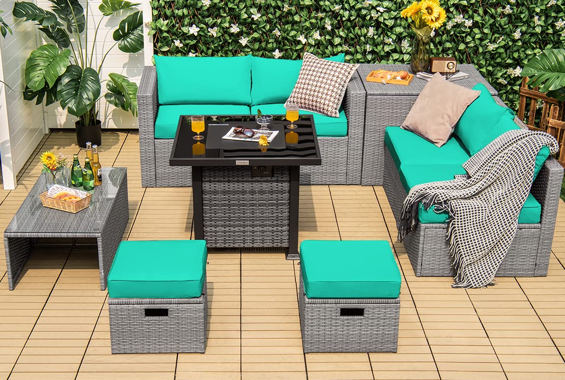 Tangkula 9 PCS Patio Furniture Set with 42” 60,000 BTU Fire Pit, Outdoor Space-Saving Sectional Sofa Set with Storage Box