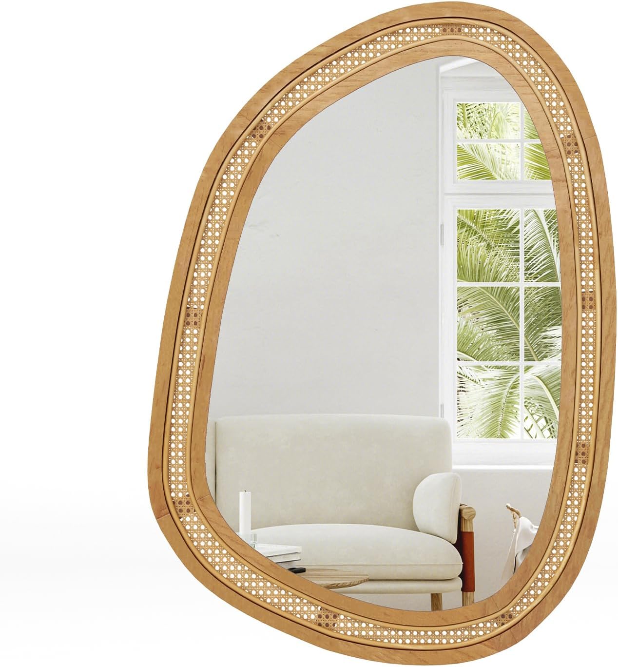 Tangkula Rattan Wall Mirror, Bohemian Irregular Wall Mounted Decorative Mirror w/Wooden Frame