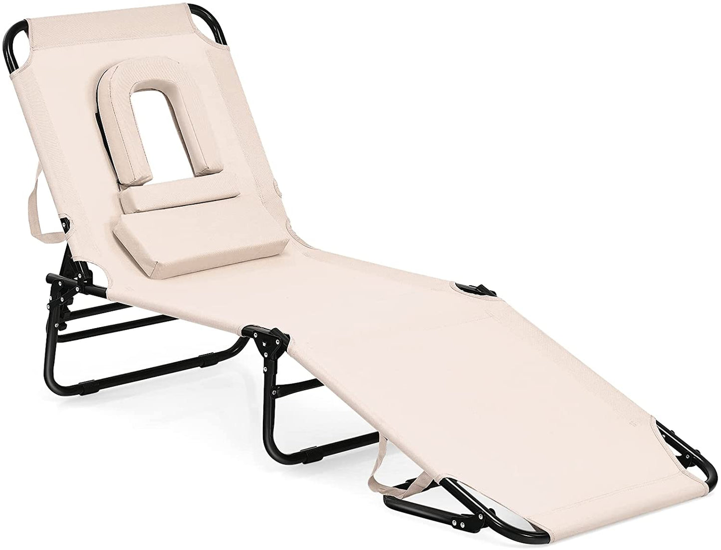 Folding Chaise Lounge Chair with Hole for Face, Outdoor 5-Position Adjustable Reclining Beach Sunbathing Chair