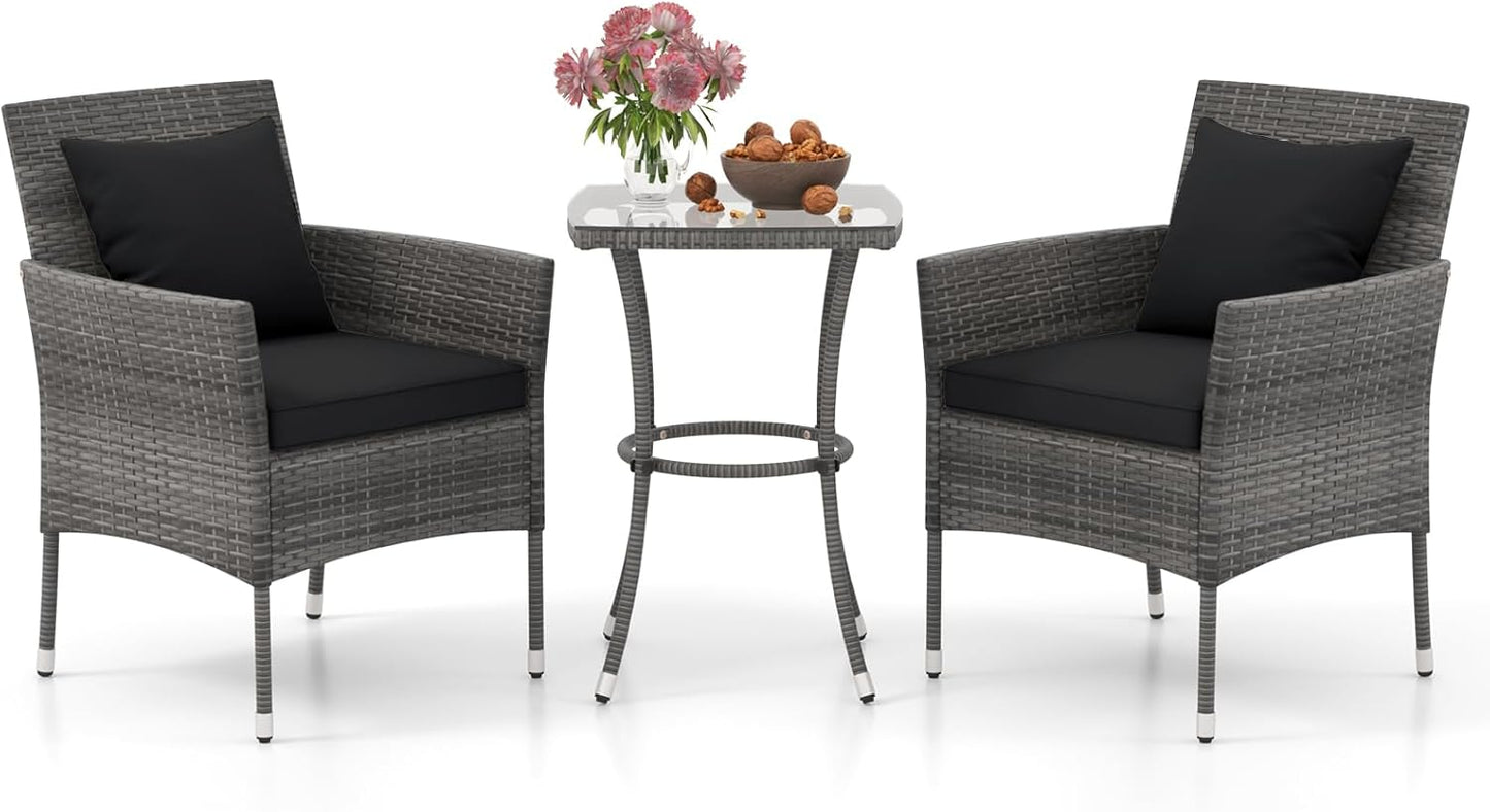 Tangkula 3-Piece Patio Furniture Set w/A Tempered Glass Table & 2 Cushioned Chairs