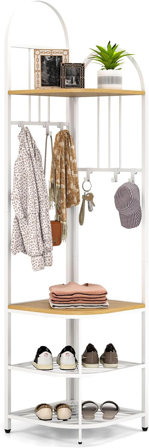 Tangkula 4-Tier Coat Rack Corner Hall Tree with Shoe Storage Bench