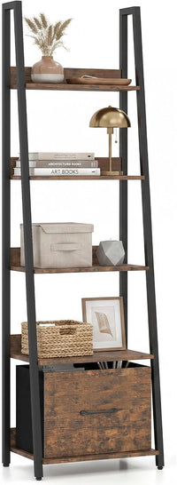 Tangkula 5-Tier Narrow Ladder Bookshelf with Fabric Drawer (1/2)