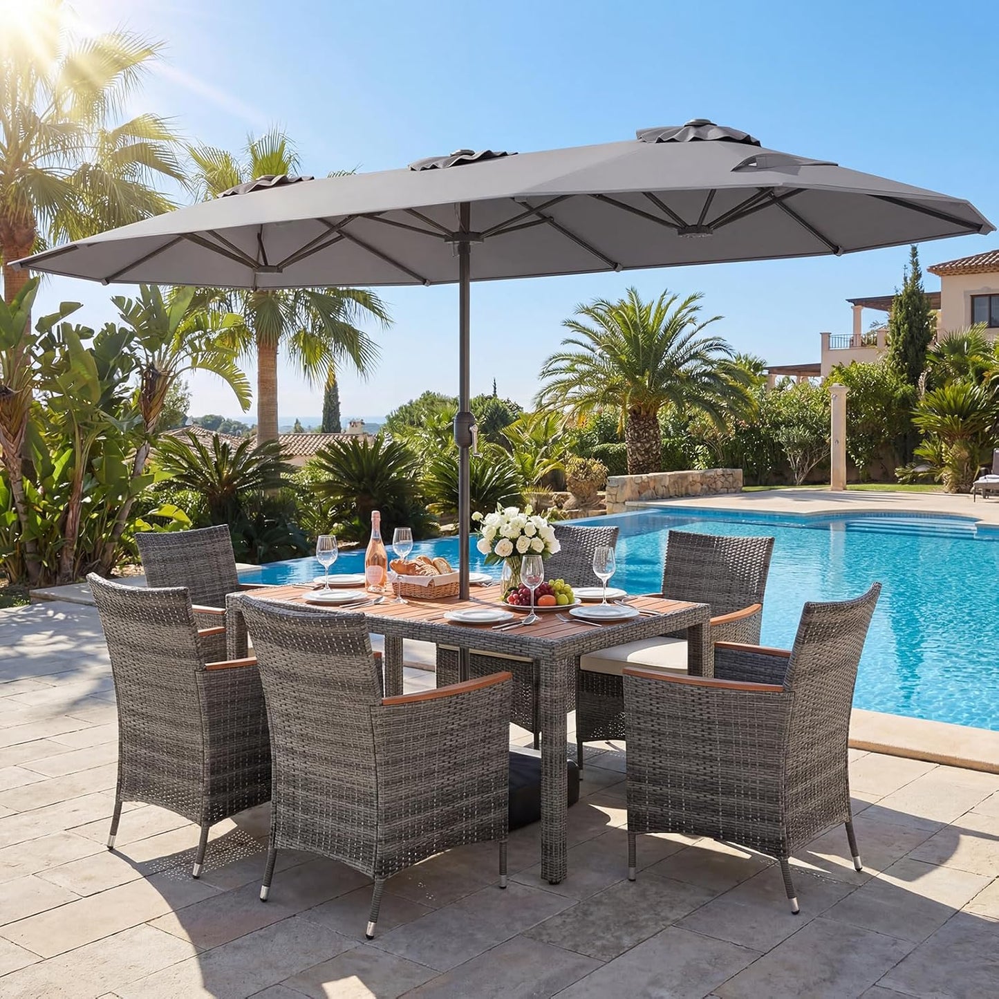 Tangkula 9 Piece Rattan Outdoor Dining Set with 13Ft Umbrella for 6