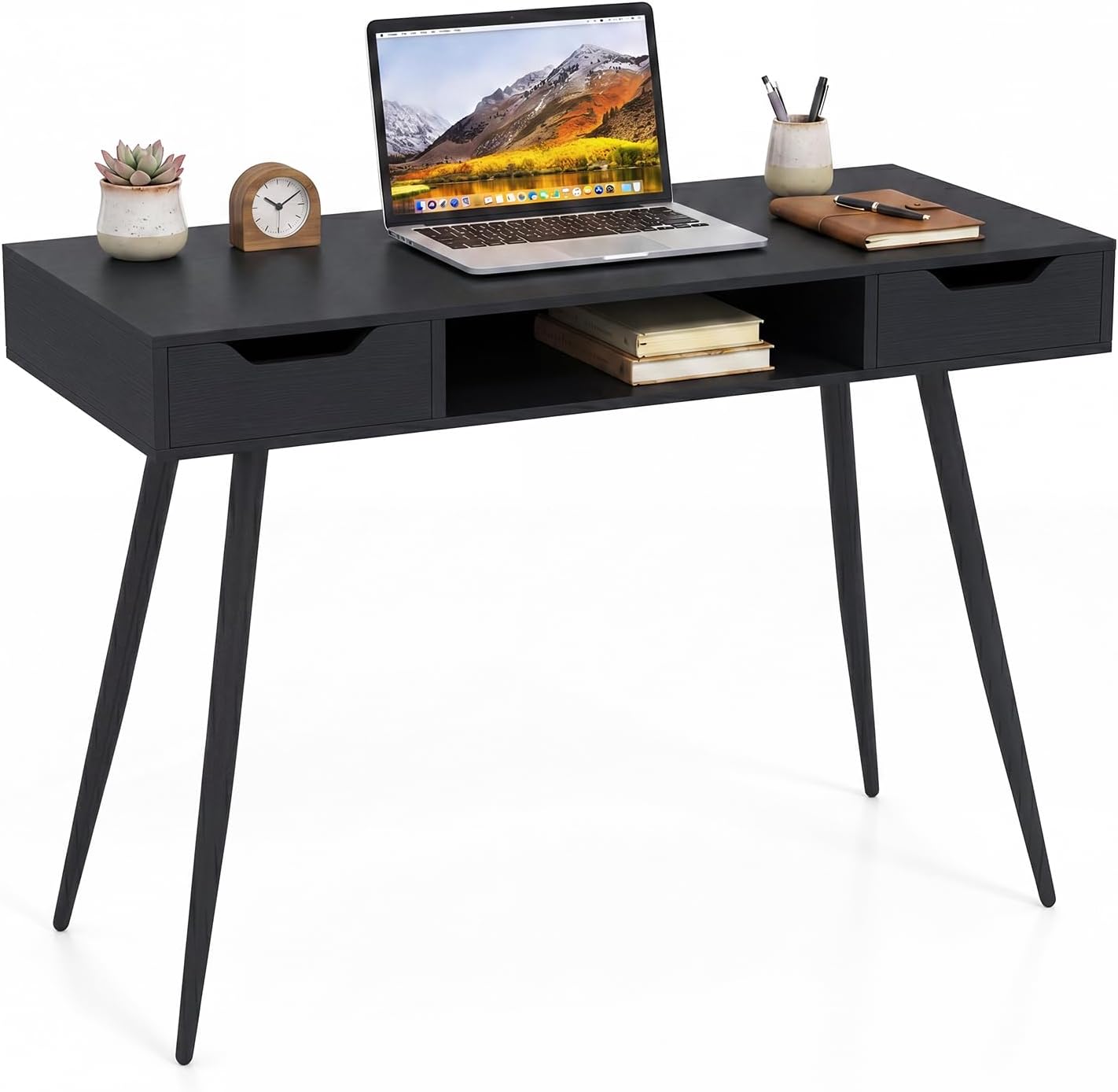 Tangkula Mid Century Modern Computer Desk with 2 Drawers & Open Center Storage