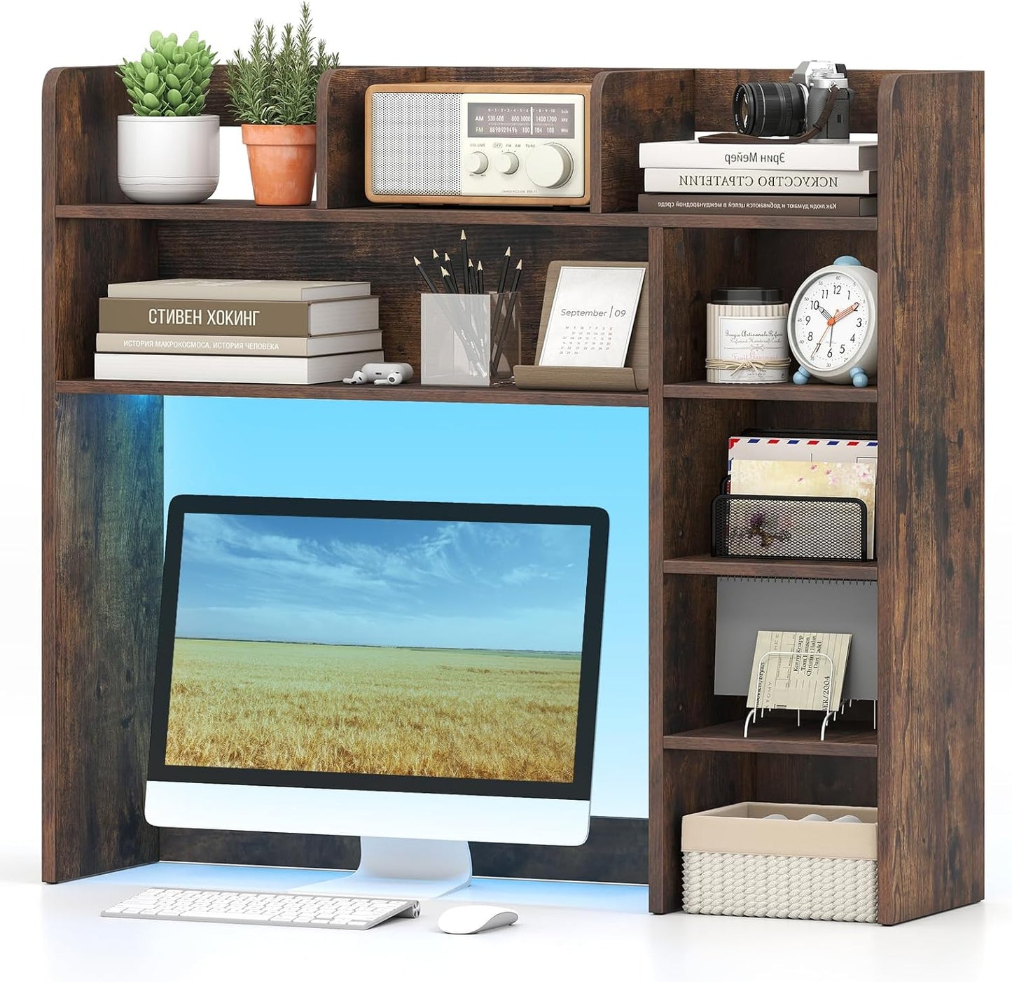 Tangkula Desktop Bookshelf with LED Lights & 8 Shelves for Max 25" Monitor