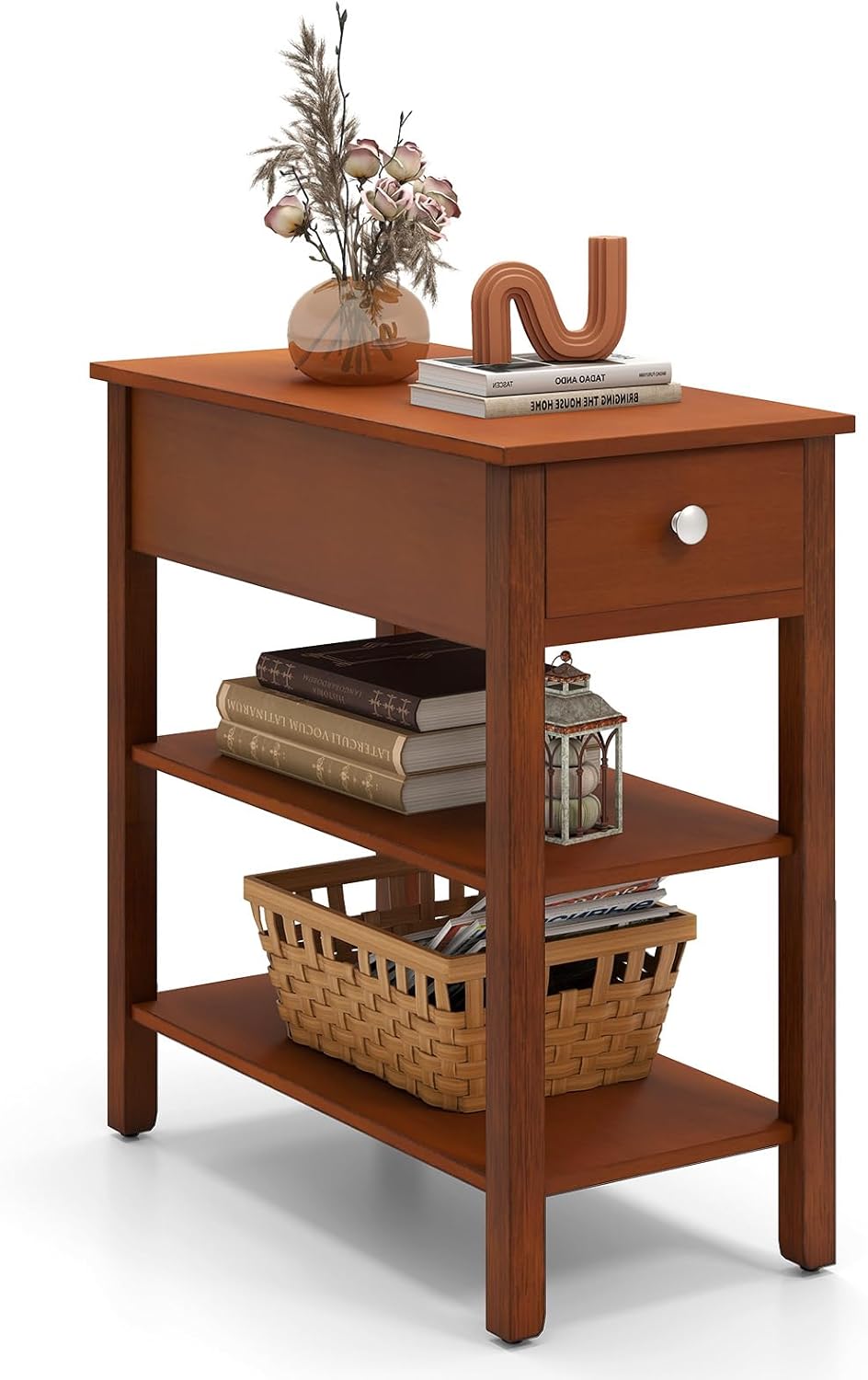 Tangkula Narrow End Table Set 24.5”H Farmhouse Side Table with Drawer