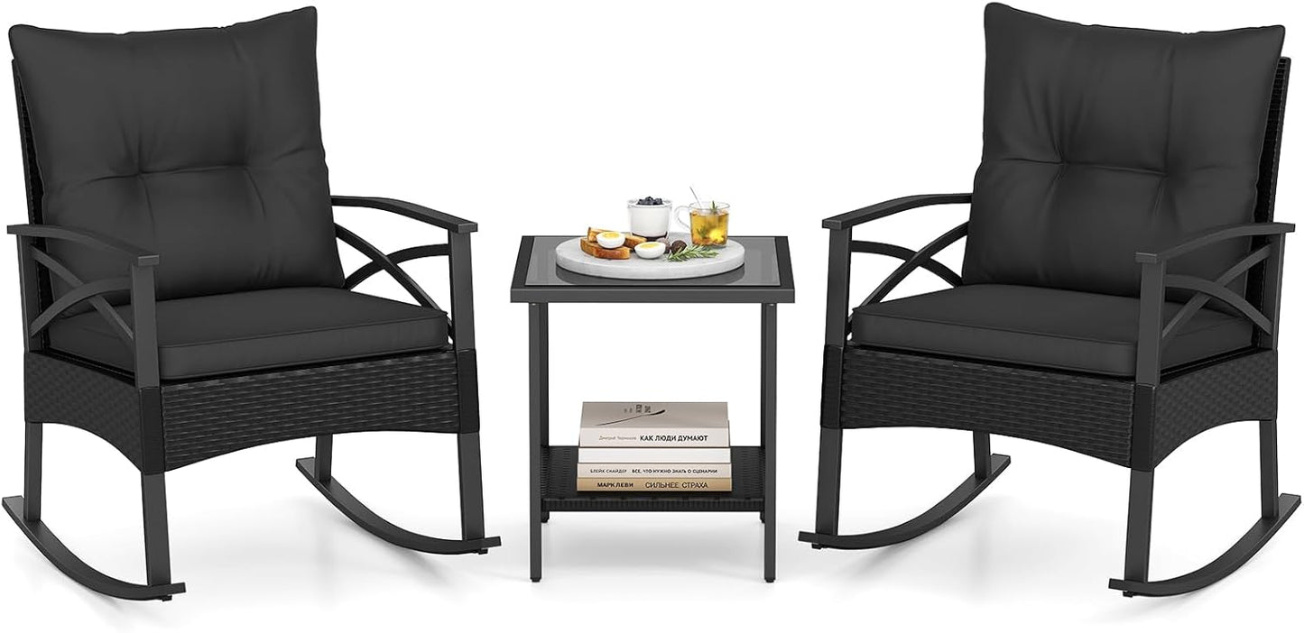 3 Pieces Rattan Outdoor Rocking Chairs Set with 2-Tier Tempered Glass Coffee Table