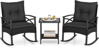 3 Pieces Rattan Outdoor Rocking Chairs Set with 2-Tier Tempered Glass Coffee Table