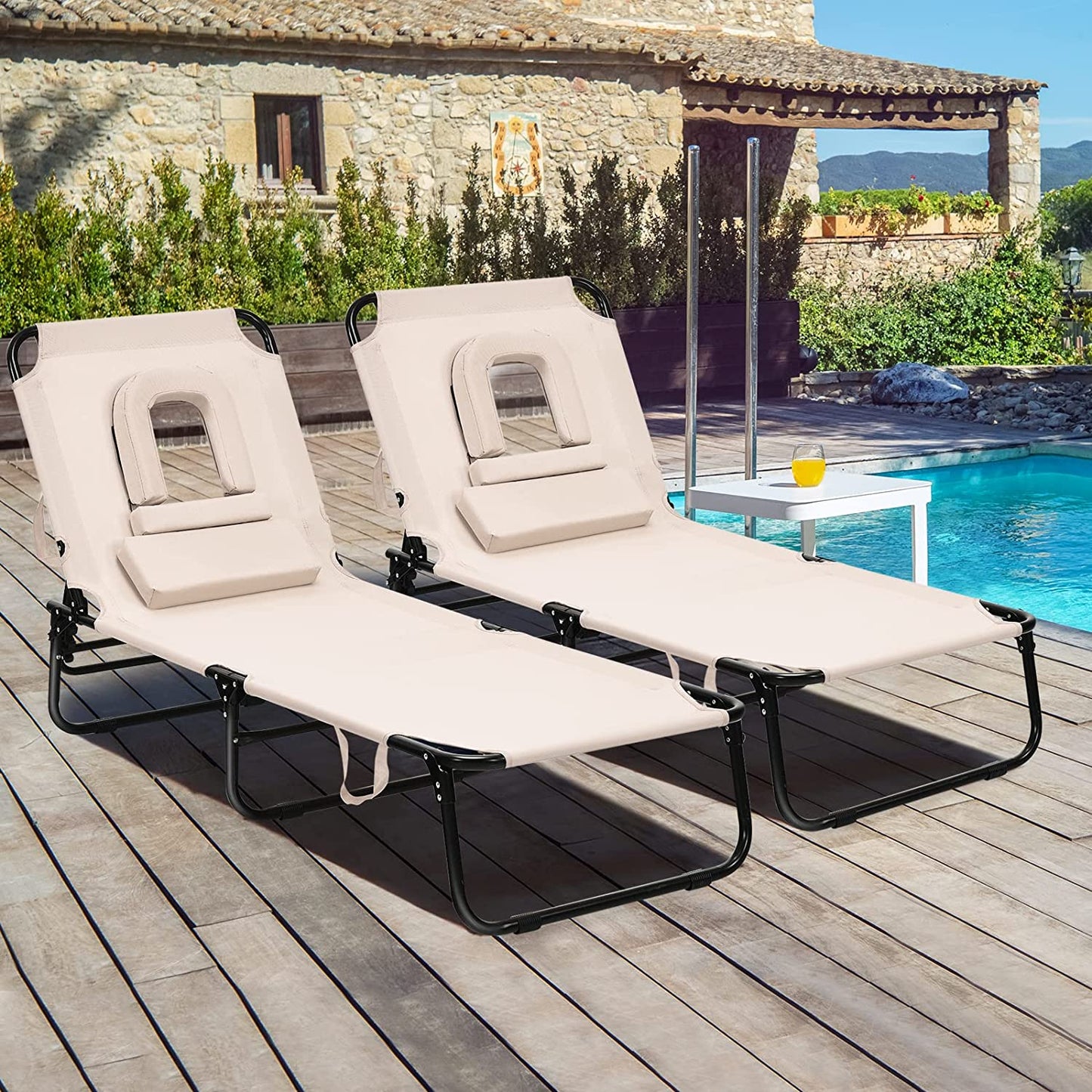 Folding Chaise Lounge Chair with Hole for Face, Outdoor 5-Position Adjustable Reclining Beach Sunbathing Chair