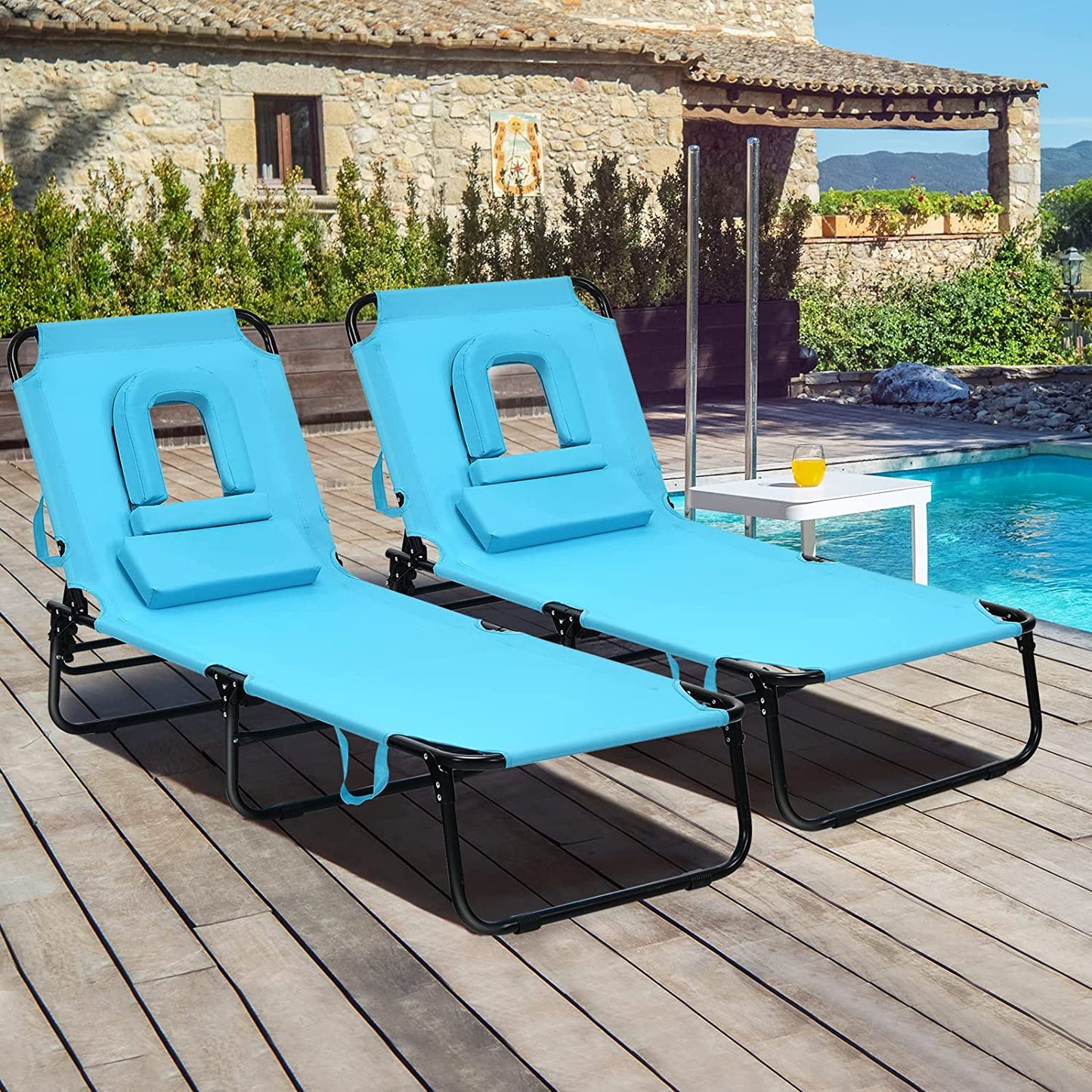 Folding Chaise Lounge Chair with Hole for Face, Outdoor 5-Position Adjustable Reclining Beach Sunbathing Chair