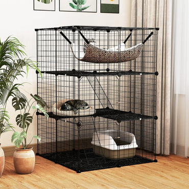 Tangkula Cat Cage Indoor 3-Tier Cat Enclosure with Skylight Hammock 2 Ladders