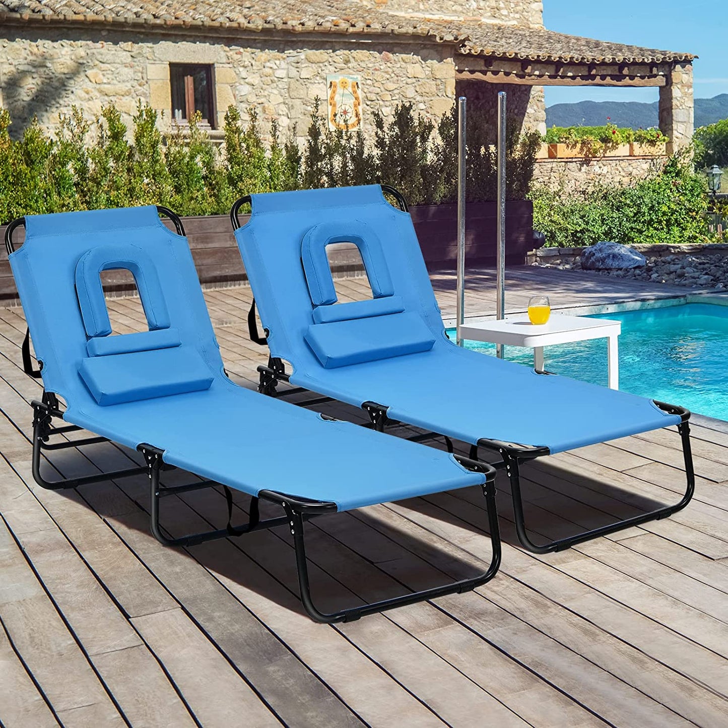 Folding Chaise Lounge Chair with Hole for Face, Outdoor 5-Position Adjustable Reclining Beach Sunbathing Chair