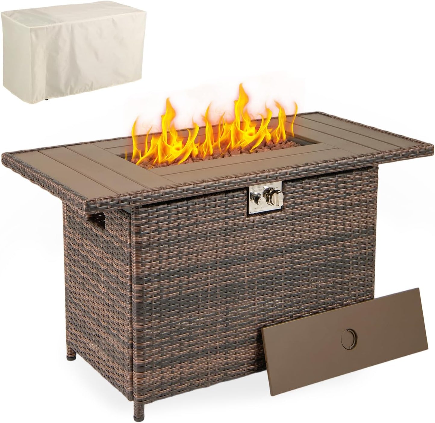 Tangkula 44.5 Inch Propane Fire Pit Table Rattan Gas 2-in-1 with Stainless Steel Burner