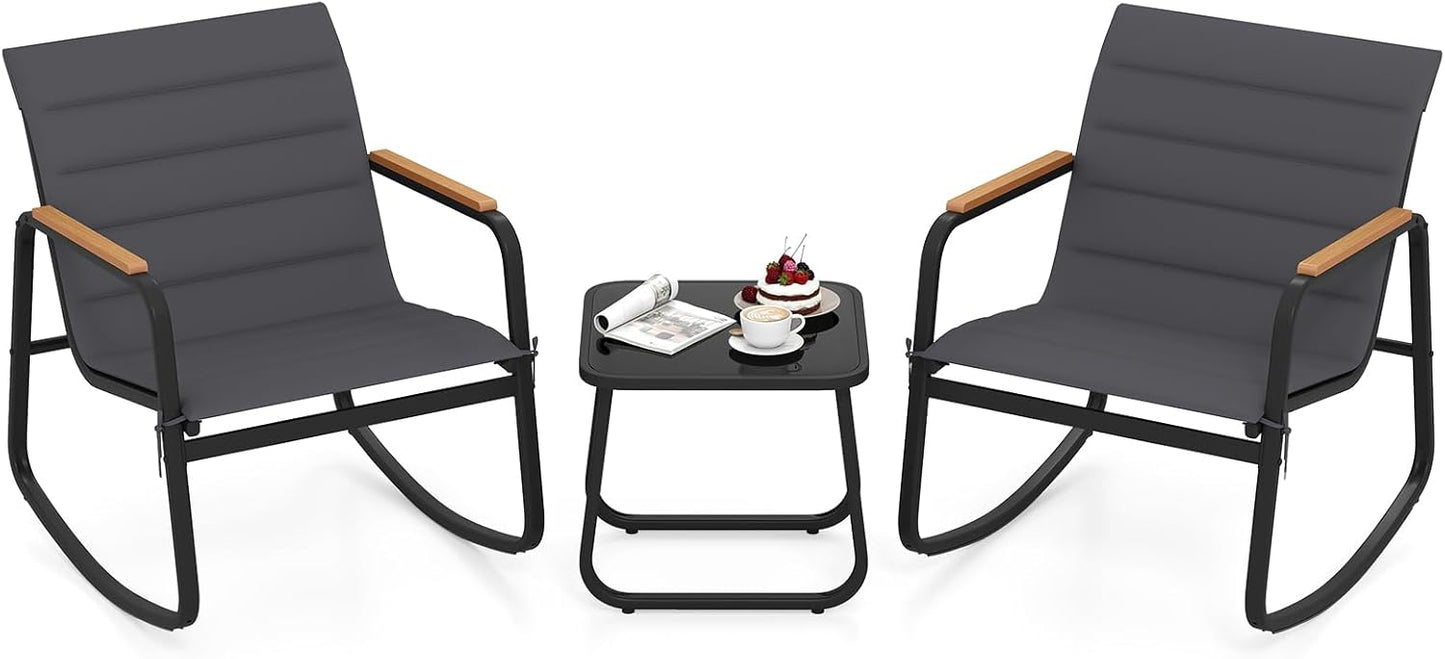Tangkula 3 Piece Outdoor Rocking Bistro Set | Porch Rocker Chairs with Tempered Glass Table